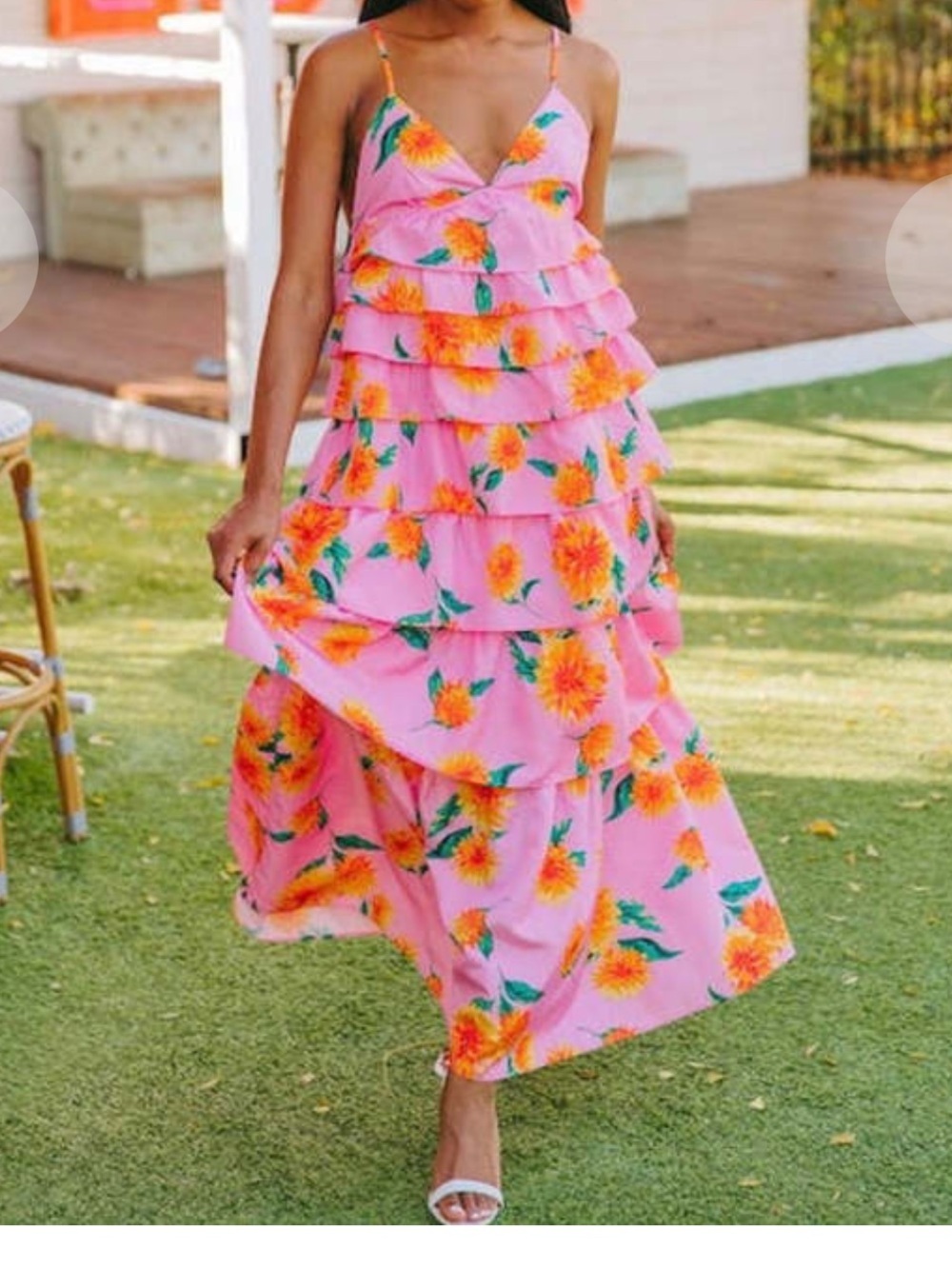 NWT Buddy Love Pink Floral Tiered Dress with Yellow-Orange Blooms, Medium
